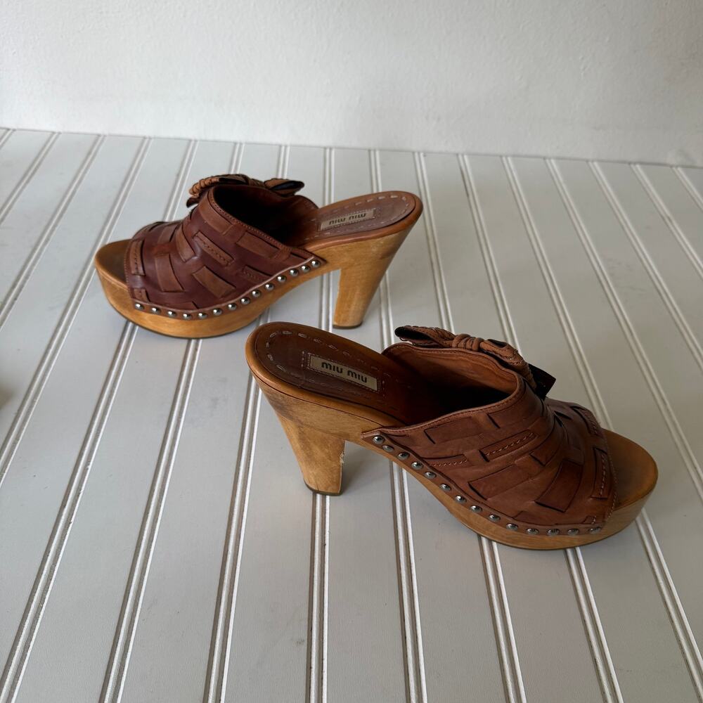 Miu Miu brown woven leather mules prominent bow size 8 - Picture 11 of 16